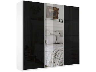 Шкаф-купе Прайм Широкий 3-х дверный два черных стекла/зеркало Белый Снег - фото