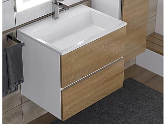 Тумба с раковиной Uperwood Barsa 60 см раковина белая-тумба белая/дуб сонома - фото