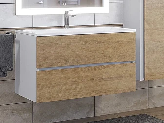 Тумба с раковиной Uperwood Barsa 90 см раковина белая-тумба белая/дуб сонома - фото