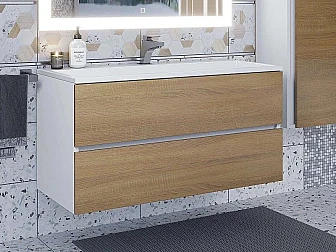 Тумба с раковиной Uperwood Barsa 100 см раковина белая-тумба белая/дуб сонома - фото