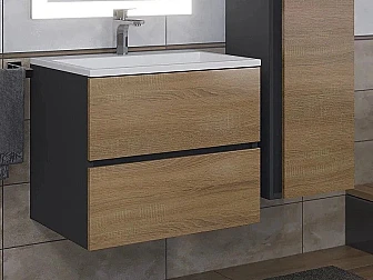 Тумба с раковиной Uperwood Barsa 60 см раковина белая-тумба черная/дуб сонома - фото
