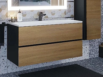 Тумба с раковиной Uperwood Barsa 100 см раковина белая-тумба черная/дуб сонома - фото