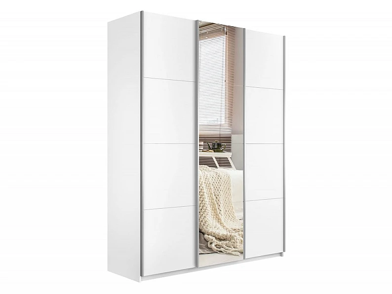 Шкаф-купе Прайм 3-х дверный ДСП/зеркало/ДСП Белый Снег — фото