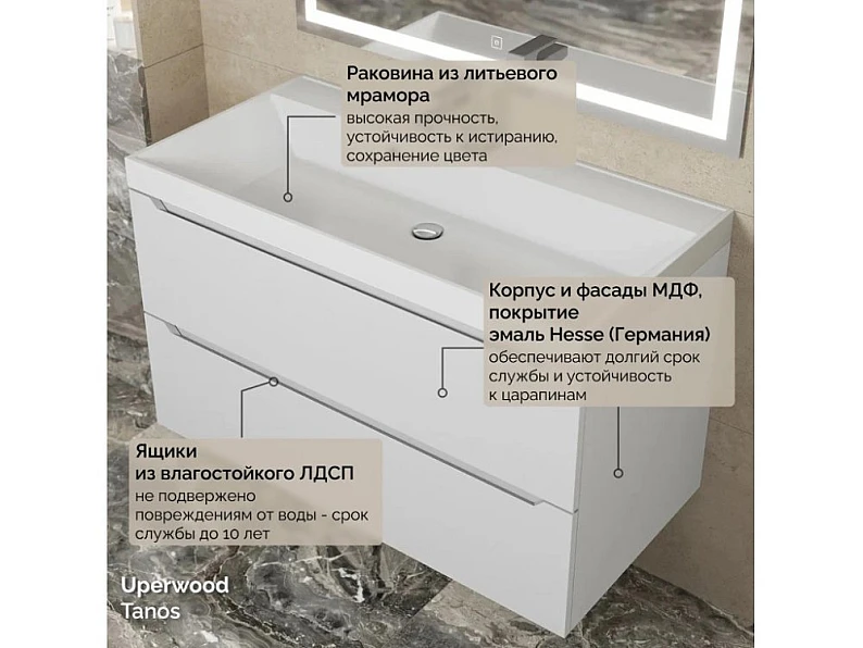 Тумба с раковиной Uperwood Tanos матовая белая 90 см — фото 11