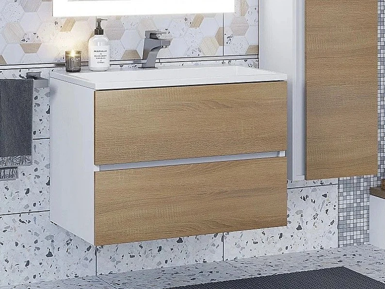 Тумба с раковиной Uperwood Barsa 70 см раковина белая-тумба белая/дуб сонома — фото