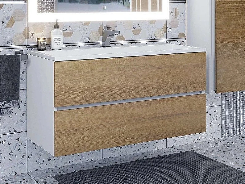 Тумба с раковиной Uperwood Barsa 100 см раковина белая-тумба белая/дуб сонома — фото
