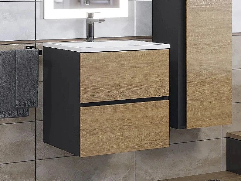 Тумба с раковиной Uperwood Barsa 50 см раковина белая-тумба черная/дуб сонома — фото