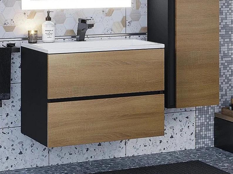 Тумба с раковиной Uperwood Barsa 70 см раковина белая-тумба черная/дуб сонома — фото