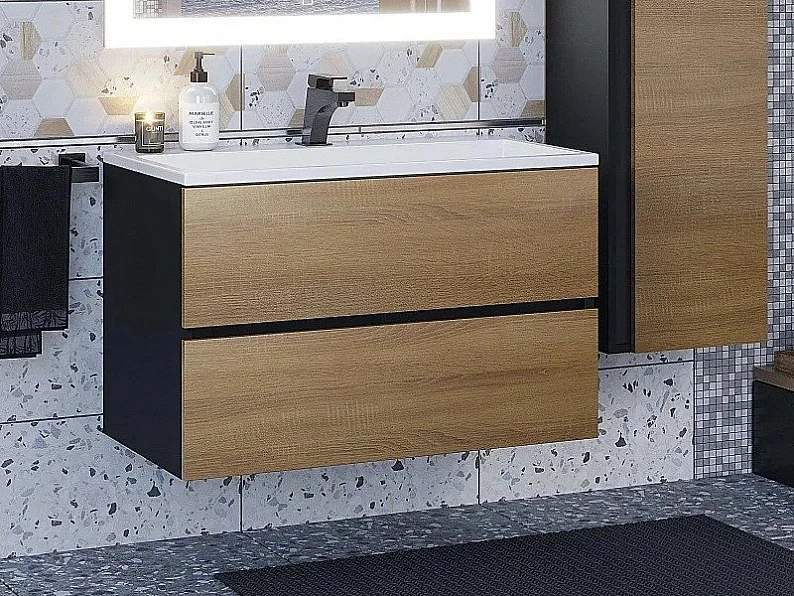 Тумба с раковиной Uperwood Barsa 80 см раковина белая-тумба черная/дуб сонома — фото