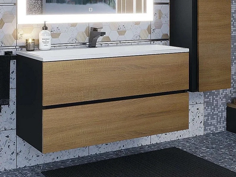 Тумба с раковиной Uperwood Barsa 100 см раковина белая-тумба черная/дуб сонома — фото