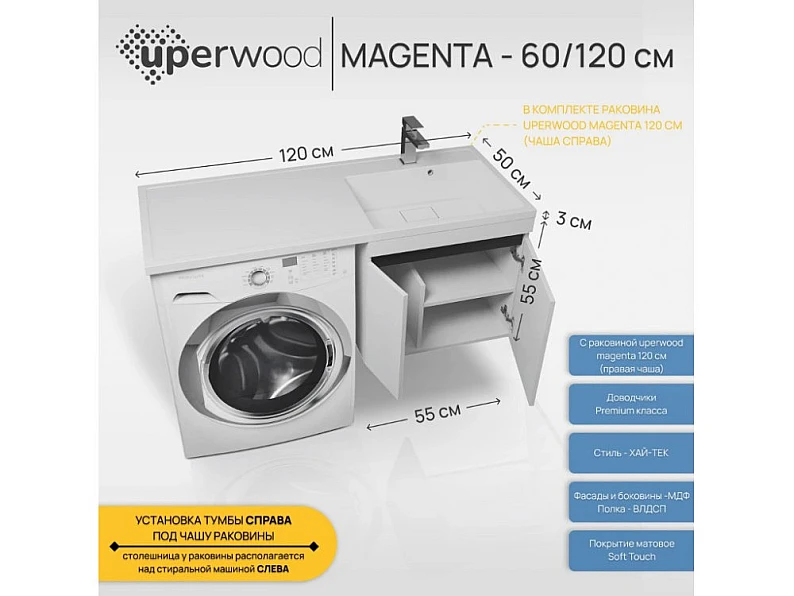 Тумба с раковиной Uperwood Magenta 60-120 см подвесная белая/графит с дверцами правая — фото 7