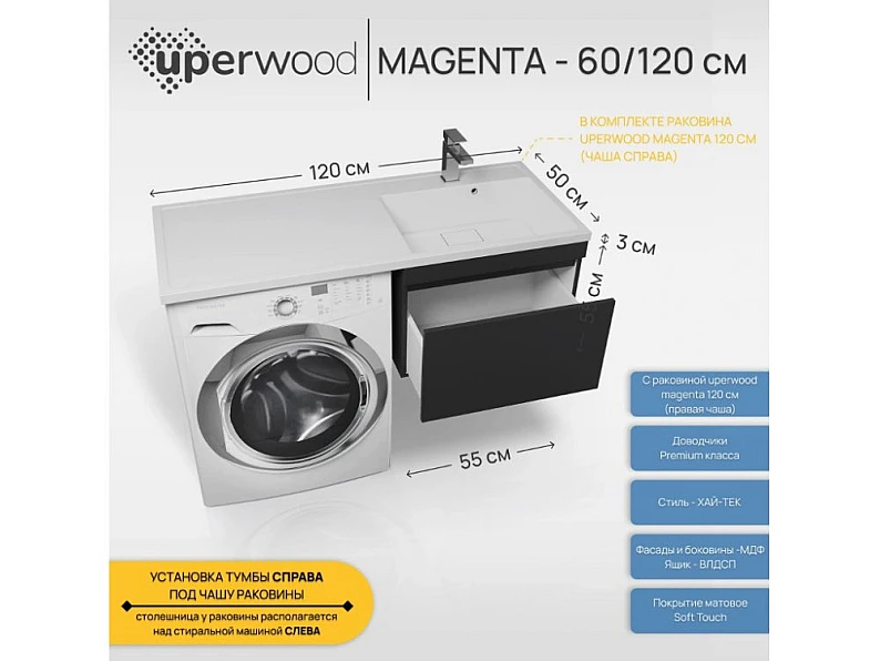 Тумба с раковиной Uperwood Magenta 60-120 см подвесная черная выдвижной ящик правая — фото 7