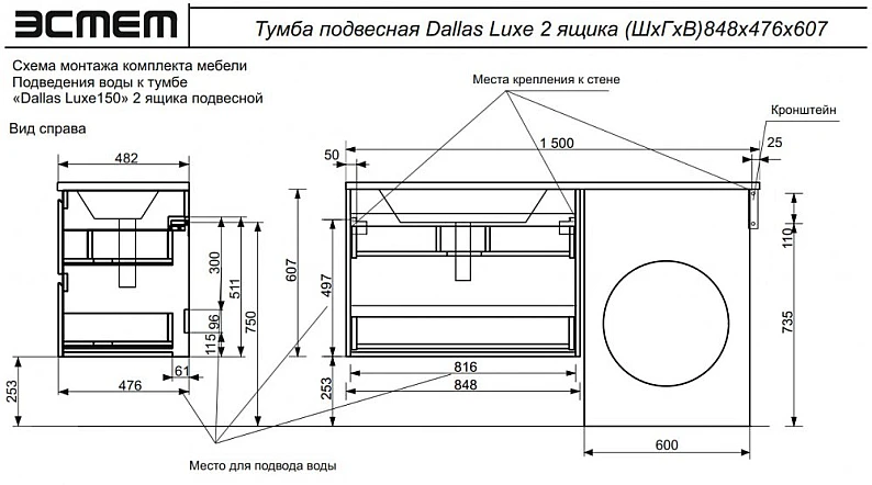 Тумба с раковиной Dallas Luxe 1500 навесная 2 ящика левая — фото 2