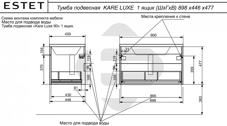 Тумба с раковиной Kare Luxe 900 навесная 1 ящик — фото 2