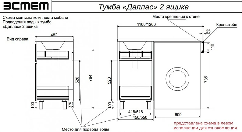 Тумба с раковиной Dallas Luxe 1200 напольная 2 ящика правая — фото 2