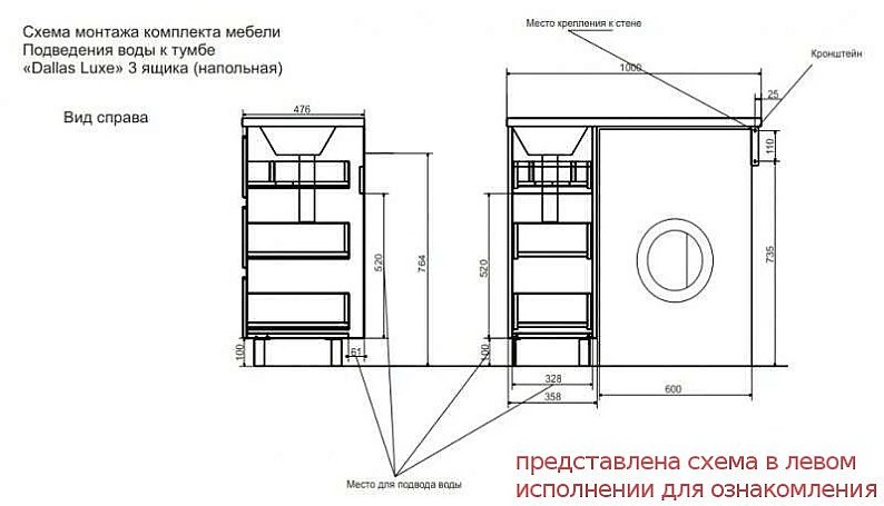 Тумба с раковиной Dallas Luxe 1000 напольная 3 ящика правая — фото 2
