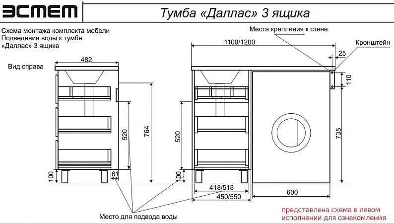 Тумба с раковиной Dallas Luxe 1150 напольная 3 ящика правая — фото 2