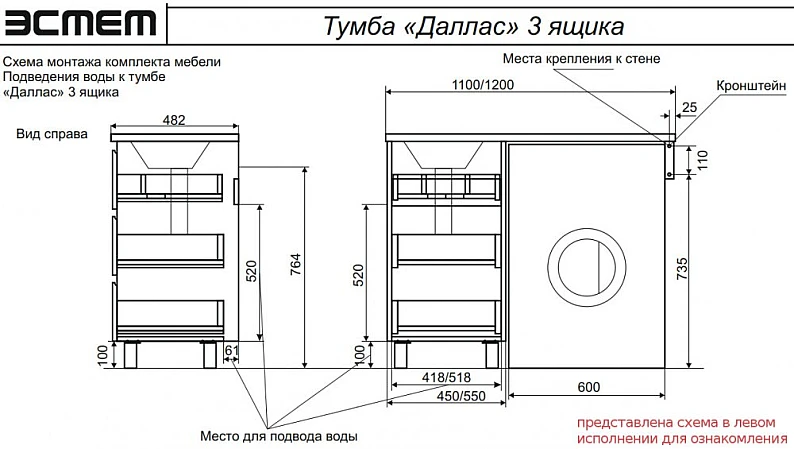 Тумба с раковиной Dallas Luxe 1200 напольная 3 ящика правая — фото 2