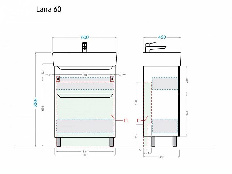 Тумба с раковиной Lana 60 белая Умывальник Нео 60 — фото 2