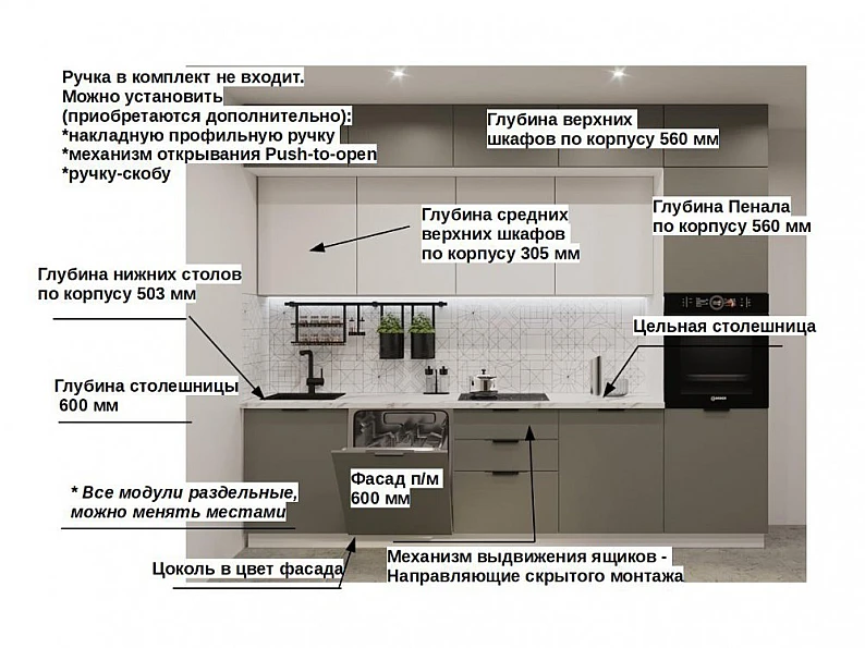 Кухонный гарнитур арт 20 Фаска Обсидиан Тальк 3000 мм — фото 3